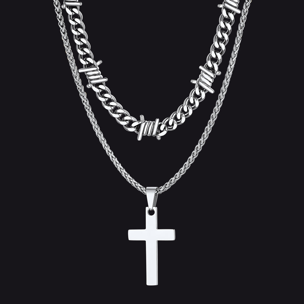 Barbed Wire Cuban Chain & Cross Layered Necklaces Set for