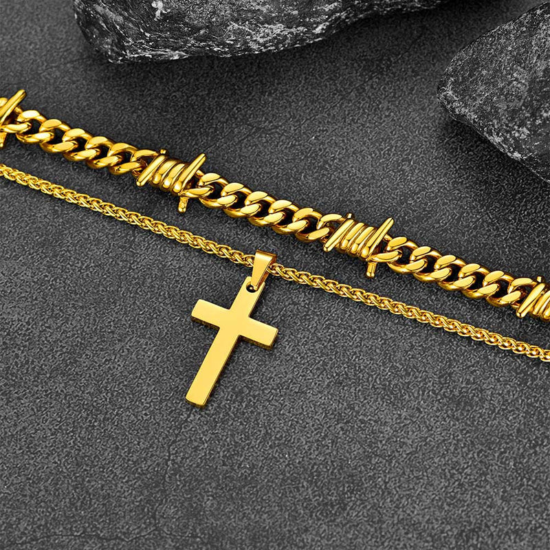 Barbed Wire Cuban Chain & Cross Layered Necklaces Set for