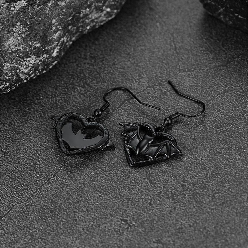 Gothic Bat Heart Dangle Earrings for Halloween Gift