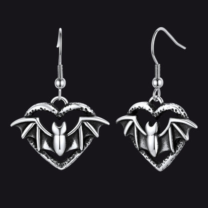 Gothic Bat Heart Dangle Earrings for Halloween Gift