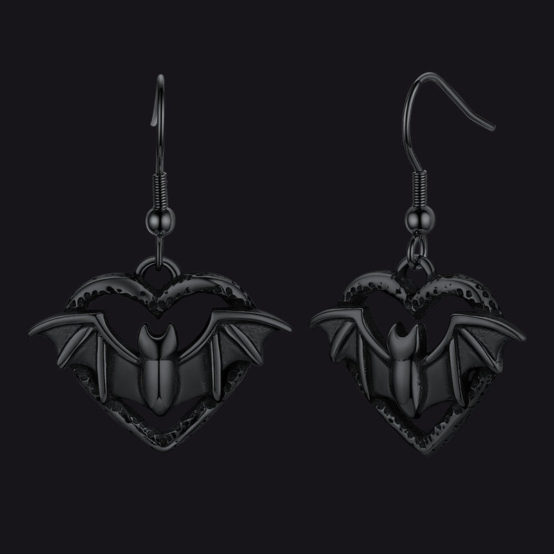 Gothic Bat Heart Dangle Earrings for Halloween Gift