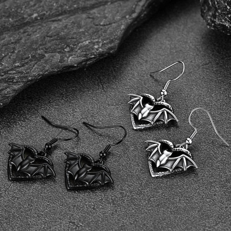 Gothic Bat Heart Dangle Earrings for Halloween Gift