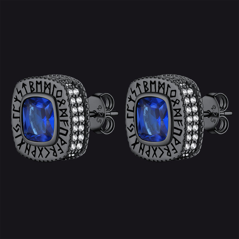 Cushion Cut Diamond Stud Earrings With Viking Runes in Sterling Silver