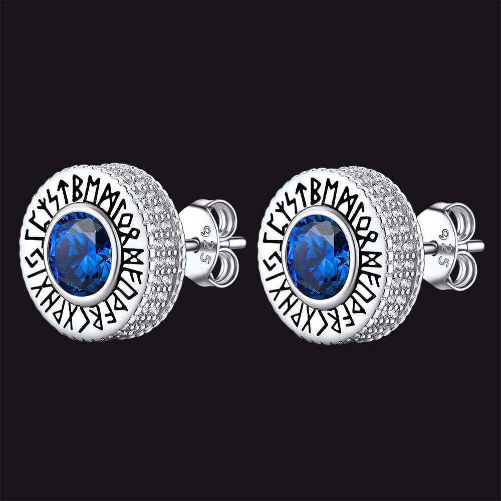 Sterling Silver Viking Runes Gemstone Stud Earrings for