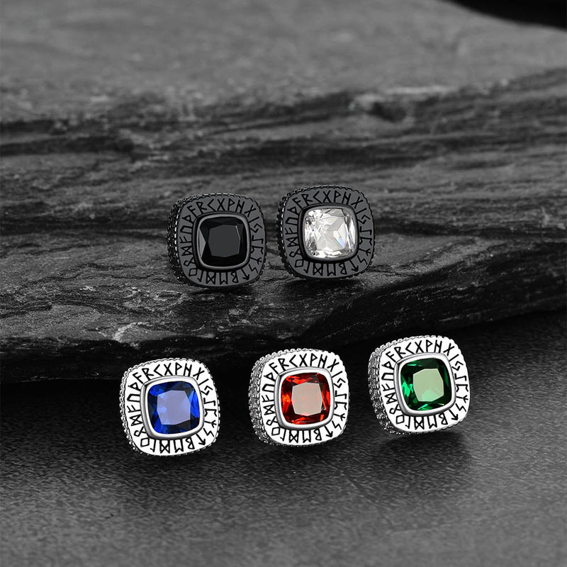 Cushion Cut Diamond Stud Earrings With Viking Runes in Sterling Silver