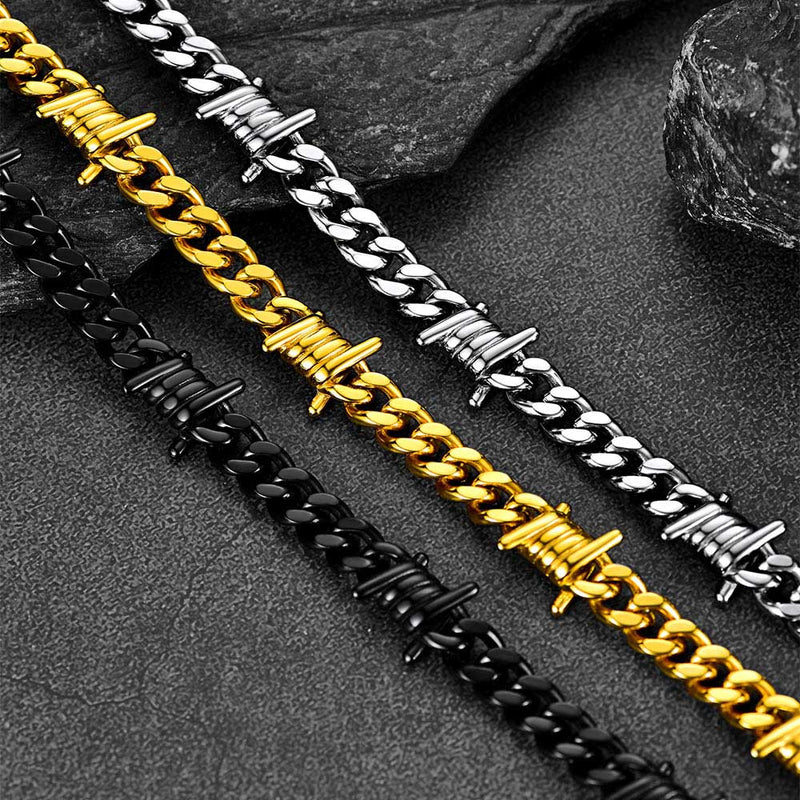 Barbed Wire Cuban Chain & Nail Cross Layered Necklaces Set for