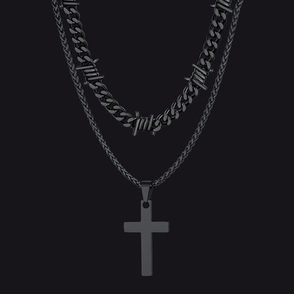 Barbed Wire Cuban Chain & Cross Layered Necklaces Set for
