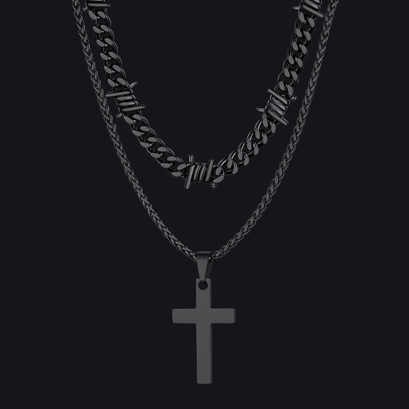 Barbed Wire Cuban Chain & Cross Layered Necklaces Set for