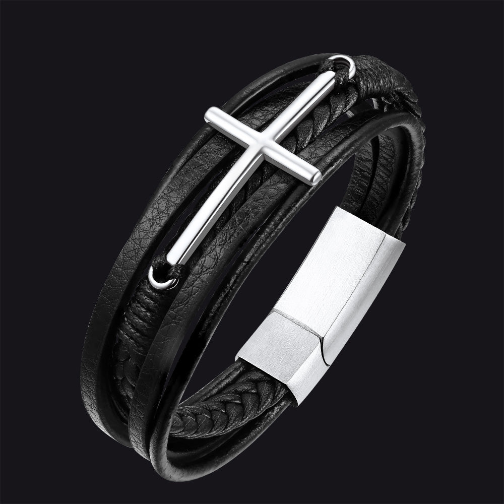 Christian Cross Braided Leather Bracelet Gift for