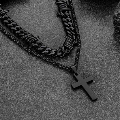 Barbed Wire Cuban Chain & Cross Layered Necklaces Set for