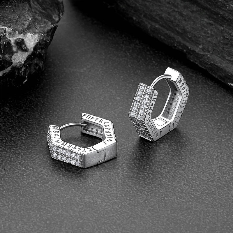 Hexagon Viking Diamond Hoop Earrings With Runes for