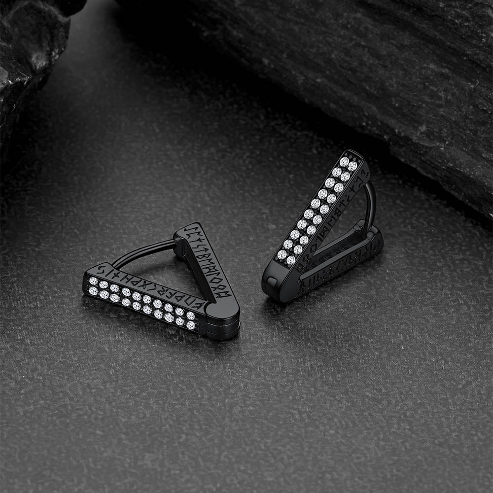 Cubic Zirconia Triangle Huggie Hoop Earrings With Viking Runes for
