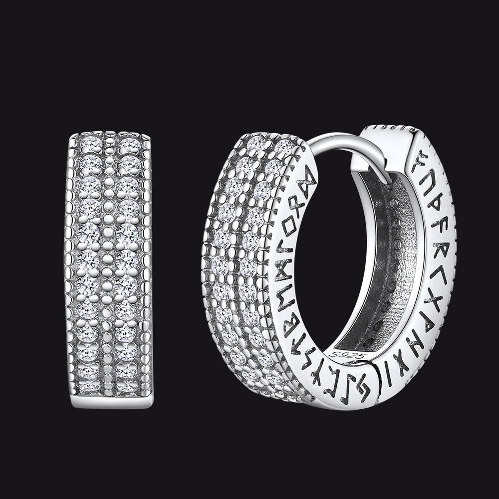 Sterling Silver Diamond Hoop Earrings With Viking Runes for