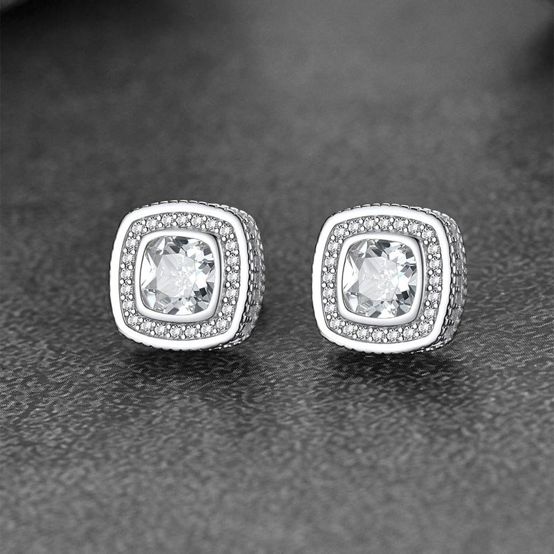 6mm Cushion Cut Diamond Halo Stud Earrings in Sterling Silver