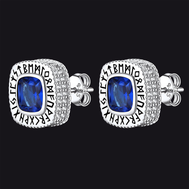 Cushion Cut Diamond Stud Earrings With Viking Runes in Sterling Silver