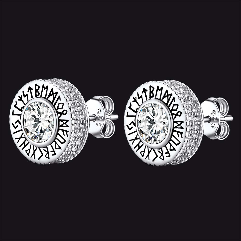 Sterling Silver Viking Runes Gemstone Stud Earrings for