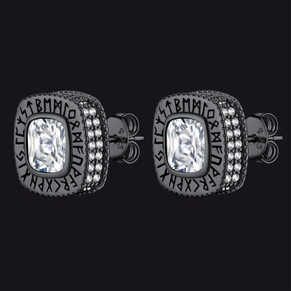 Cushion Cut Diamond Stud Earrings With Viking Runes in Sterling Silver