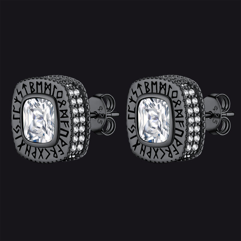 Cushion Cut Diamond Stud Earrings With Viking Runes in Sterling Silver