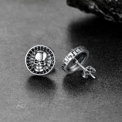 Skull Stud Earrings With Runes in Sterling Silver