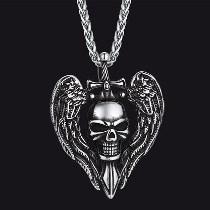 Gothic Sword Wings Skull Pendant Necklace for