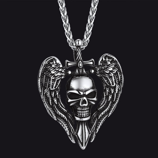 Gothic Sword Wings Skull Pendant Necklace for