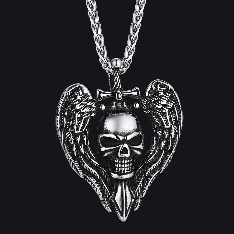Gothic Sword Wings Skull Pendant Necklace for