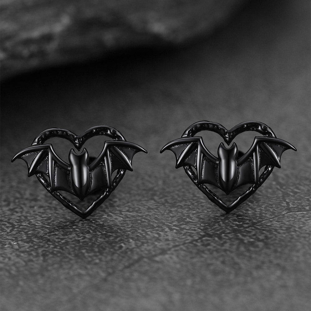 Halloween Bat Heart Stud Earrings for in Sterling Silver