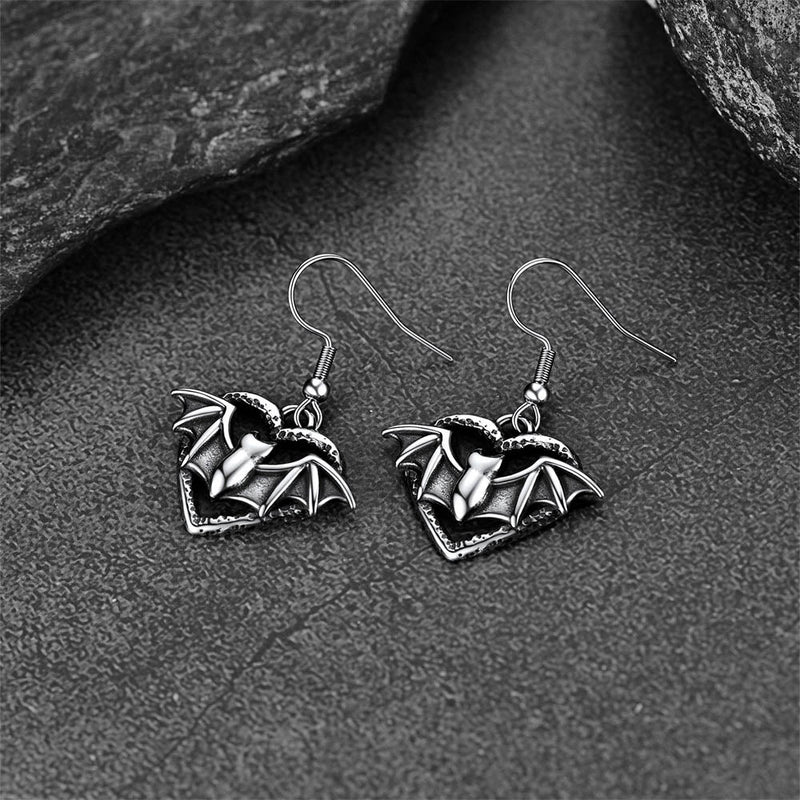 Gothic Bat Heart Dangle Earrings for Halloween Gift