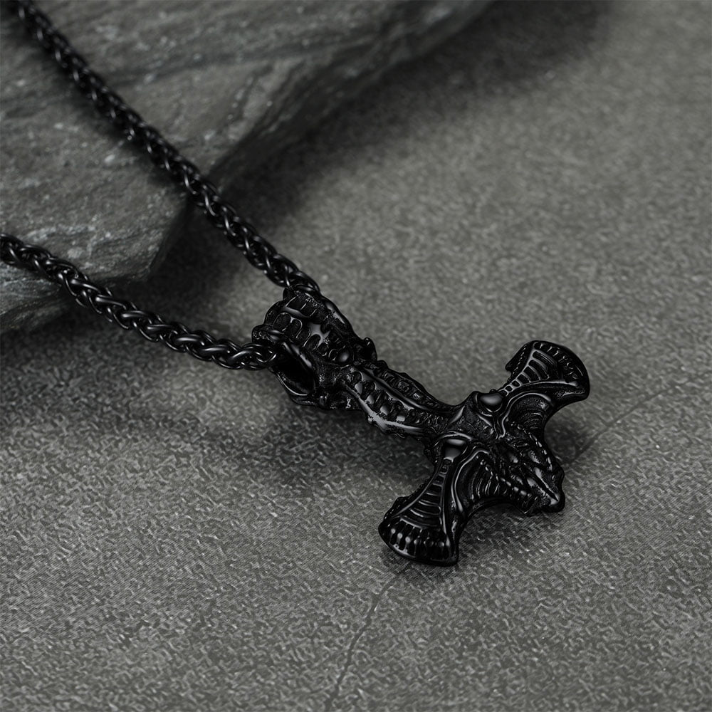 Viking Raven Thor's Hammer Mjolnir Necklace Pendant for
