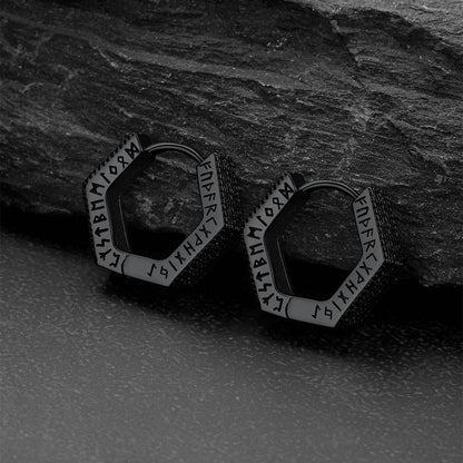 Hexagon Viking Diamond Hoop Earrings With Runes for