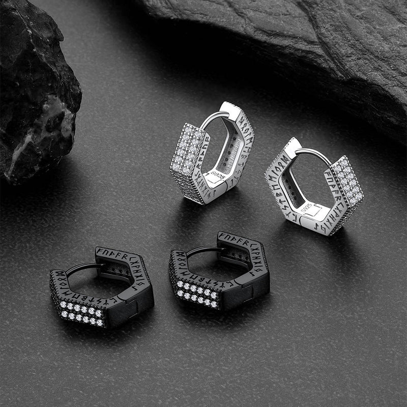 Hexagon Viking Diamond Hoop Earrings With Runes for