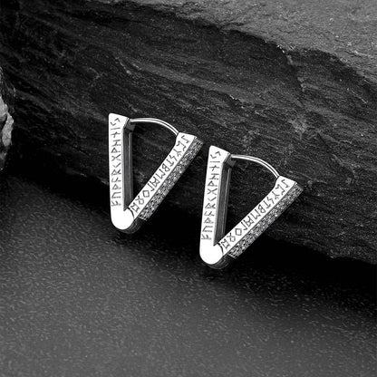 Cubic Zirconia Triangle Huggie Hoop Earrings With Viking Runes for