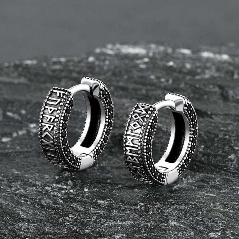 Sterling Silver Viking Runes Hoop Earrings With Black Zirconia for