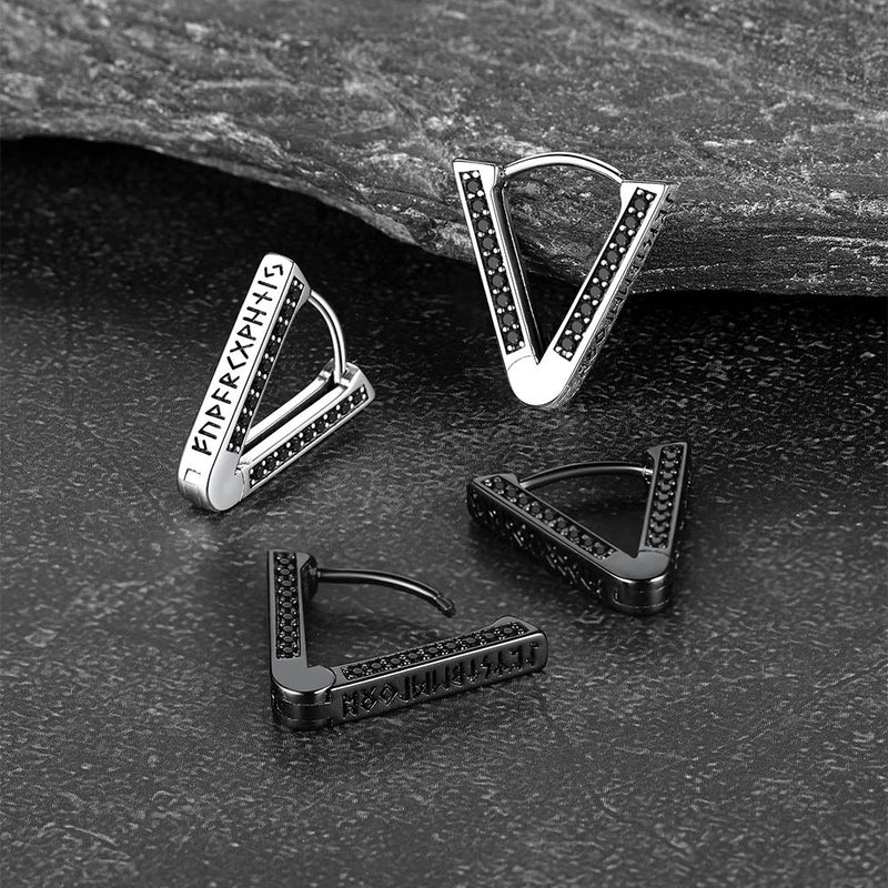 Sterling Silver Viking Triangle Huggie Hoop Earrings With Black Zirconia for