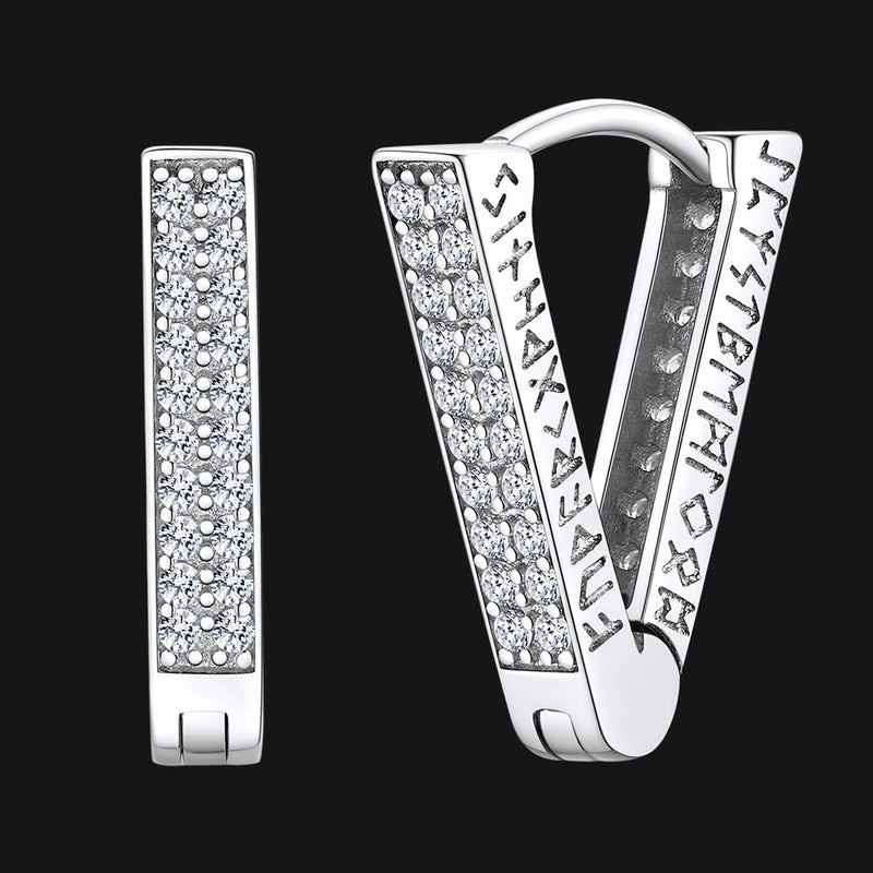 Cubic Zirconia Triangle Huggie Hoop Earrings With Viking Runes for