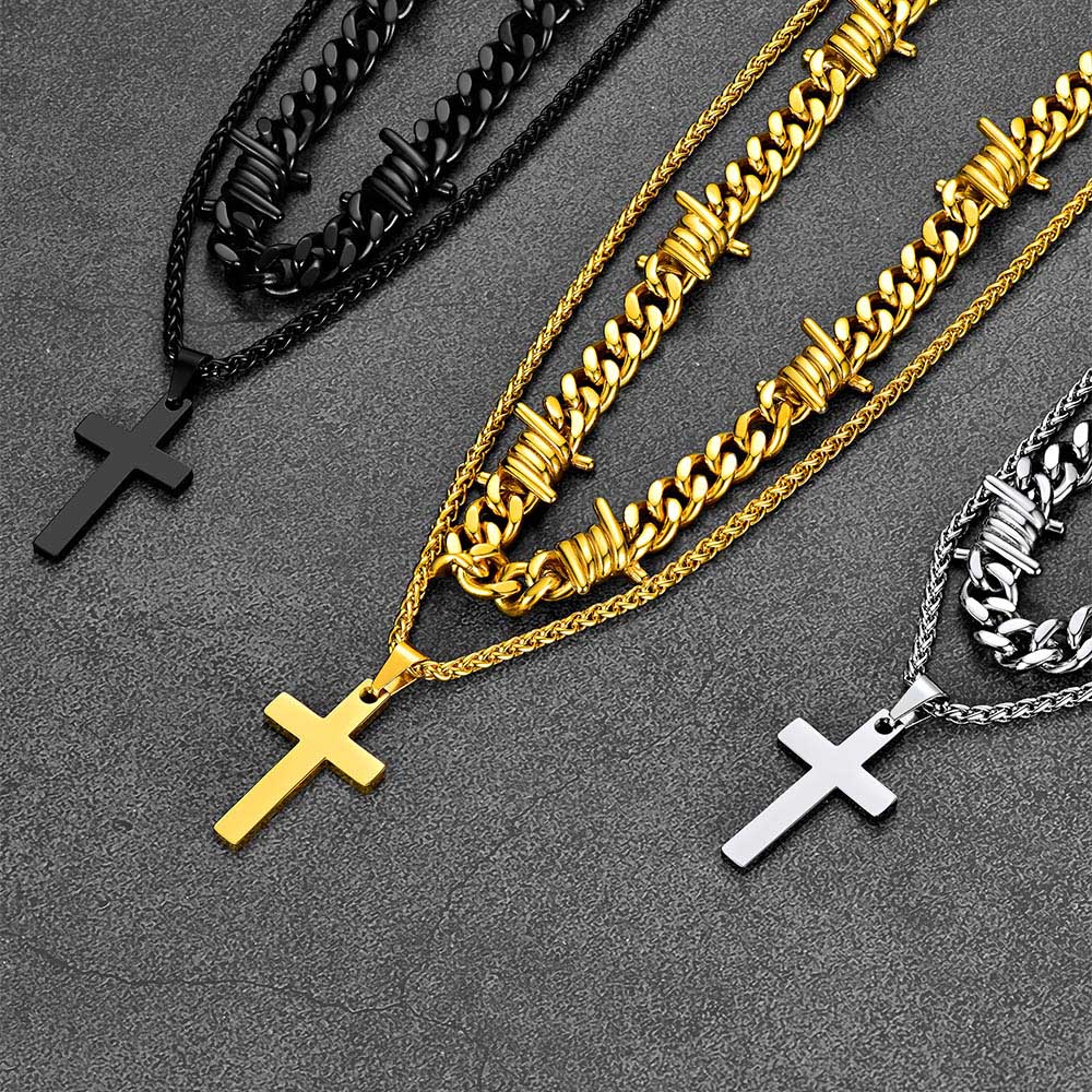 Barbed Wire Cuban Chain & Cross Layered Necklaces Set for
