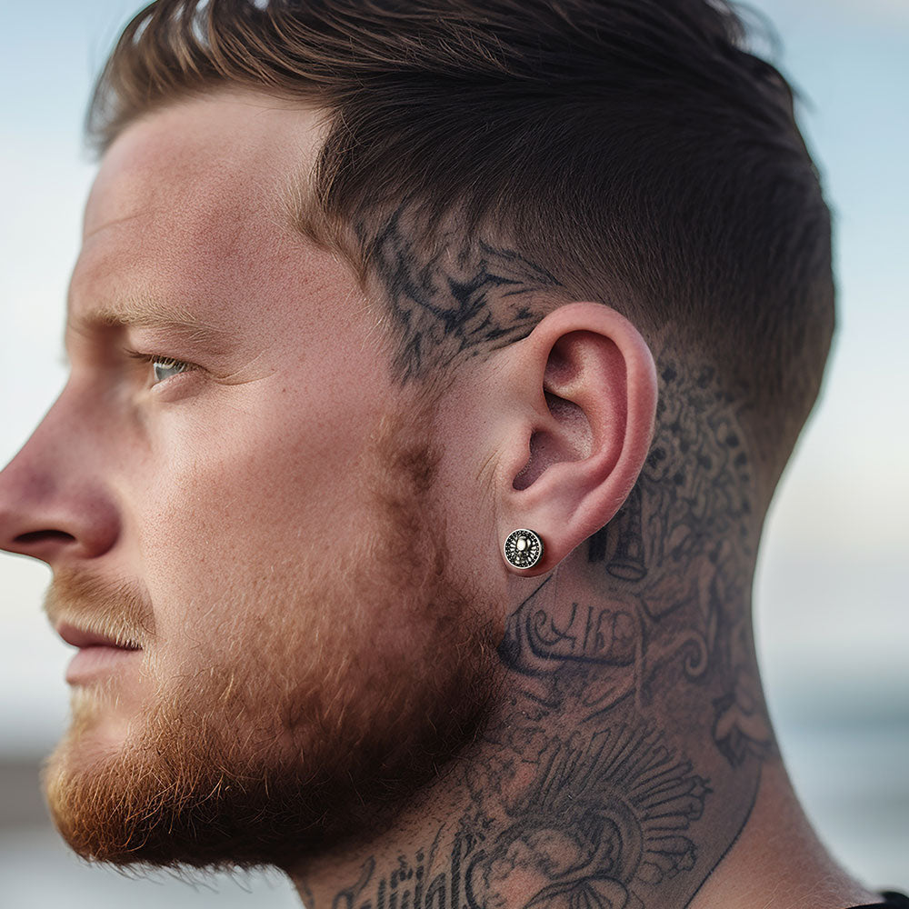 Skull Stud Earrings With Runes in Sterling Silver