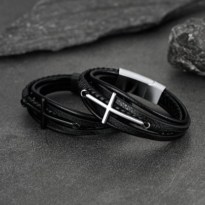 Viking Black Engraved Leather Braided Wristband Bracelet for