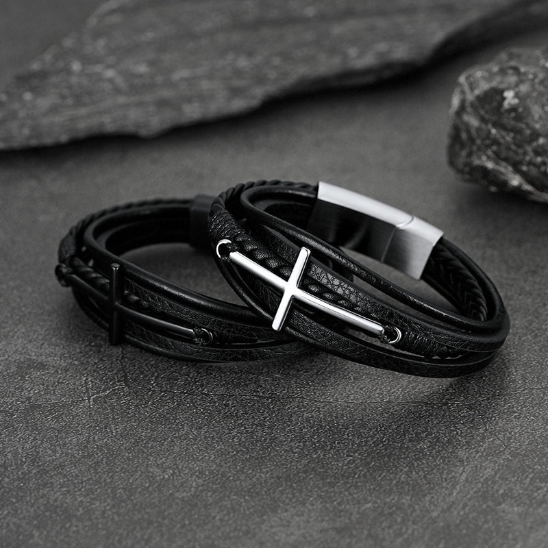 Christian Cross Braided Leather Bracelet Gift for