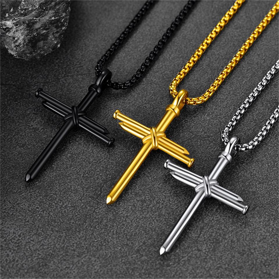 Barbed Wire Cuban Chain & Nail Cross Layered Necklaces Set for