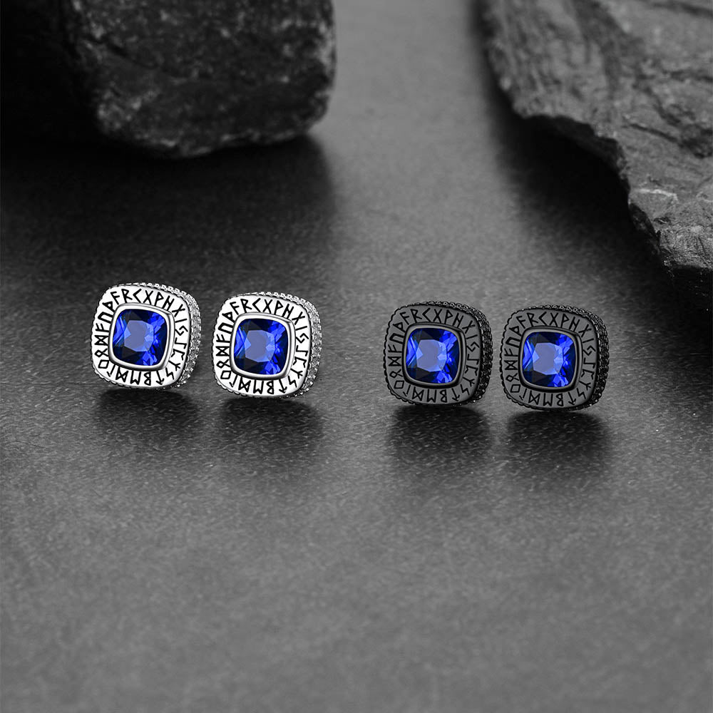 Cushion Cut Diamond Stud Earrings With Viking Runes in Sterling Silver