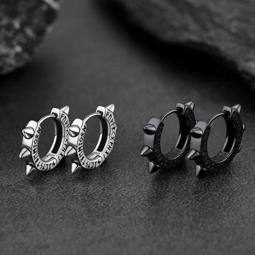 Sterling Silver Rivet Hoop Earrings With Viking Runes for