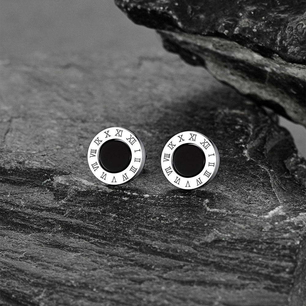 Sterling Silver Roman Numerals Black Onyx Stud Earrings