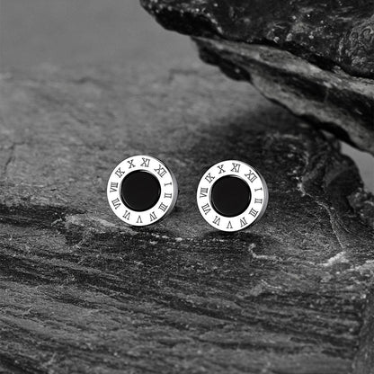 Sterling Silver Roman Numerals Black Onyx Stud Earrings