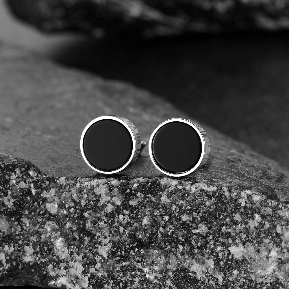 Roman Numerals Black Onyx Stud Earrings in Sterling Silver for