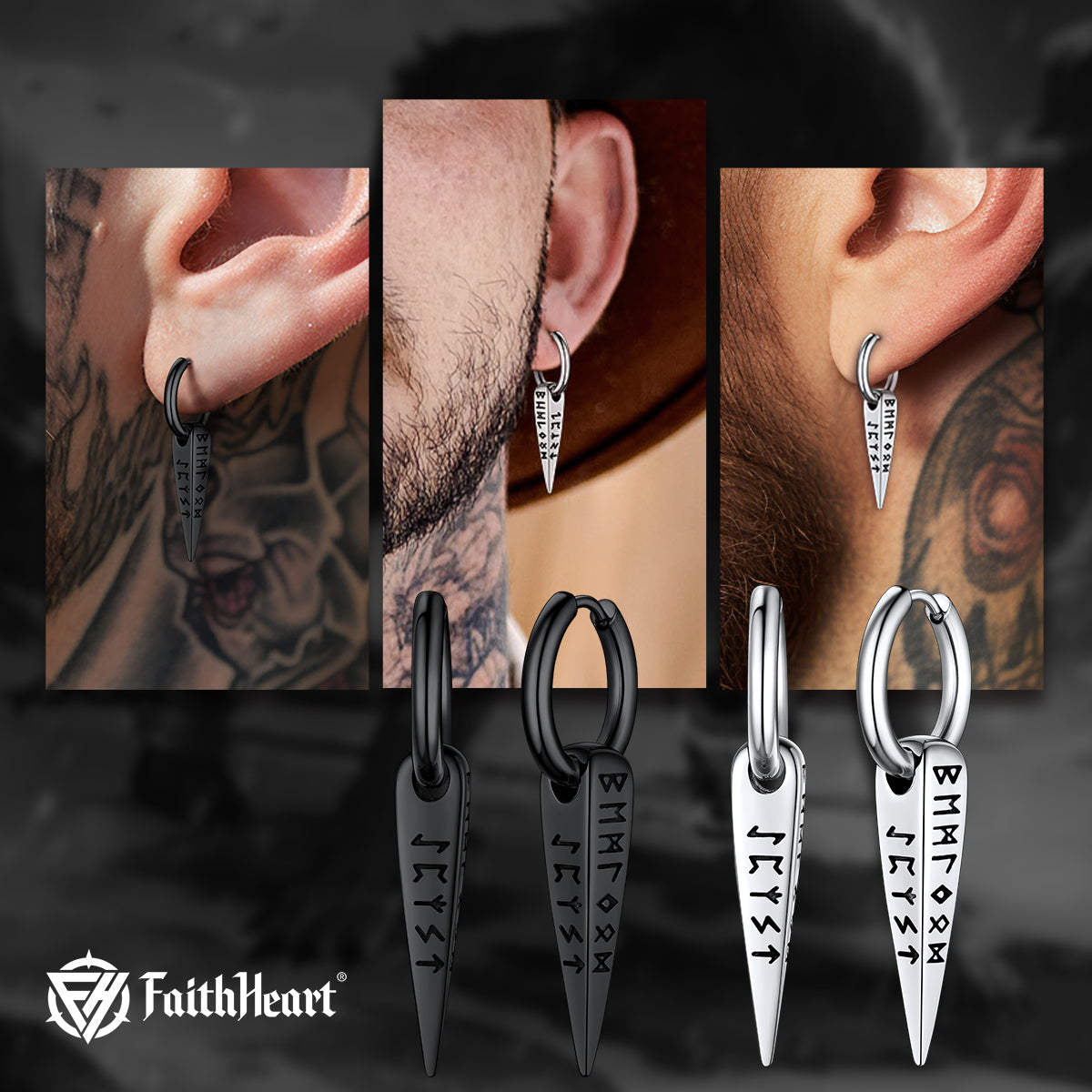 Norse Viking Runes Dangle Hoop Earrings for