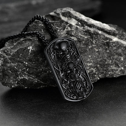 See No Evil, Hear No Evil, Speak No Evil Skulls Dog Tag Necklace for