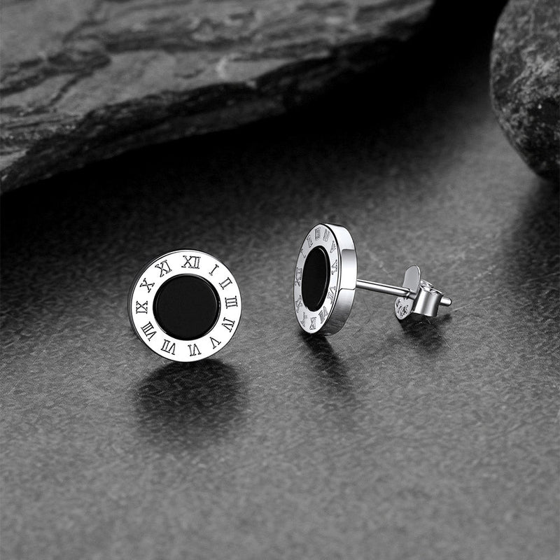 Sterling Silver Roman Numerals Black Onyx Stud Earrings