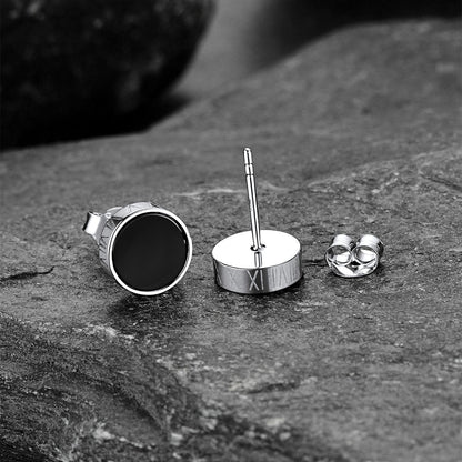 Roman Numerals Black Onyx Stud Earrings in Sterling Silver for