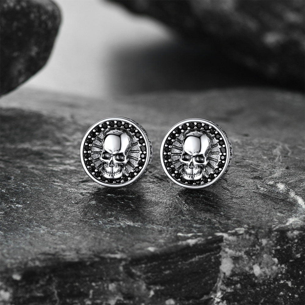 Skull Stud Earrings With Runes in Sterling Silver
